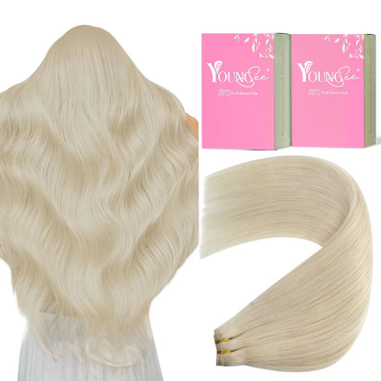 Picture of YoungSee Sew in Hair Extensions Real Human Hair Blonde Human Hair Weft Extensions Platinum Blonde Sew in Real Hair Extensions Soft Sew in Weft Hair Extensions Human Hair for Women 20Inch 100G