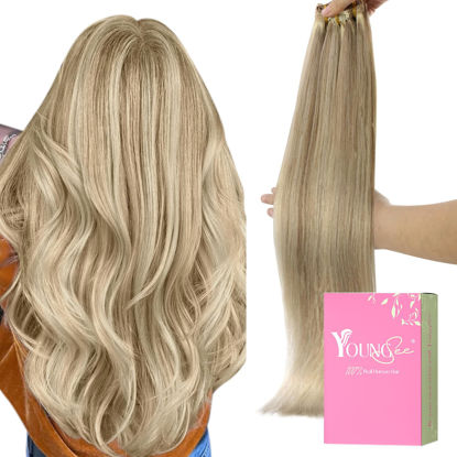 Picture of YoungSee Clip in Human Hair Extension Highlight Human Hair Clip in Extensions Light Blonde Highlighted Golden Blonde Clip in Hair Extensions Real Human Hair Long for Women 24Inch 7Pcs 120G