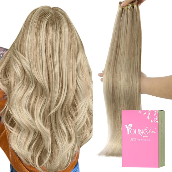 Picture of YoungSee Clip in Human Hair Extension Highlight Human Hair Clip in Extensions Light Blonde Highlighted Golden Blonde Clip in Hair Extensions Real Human Hair Long for Women 24Inch 7Pcs 120G