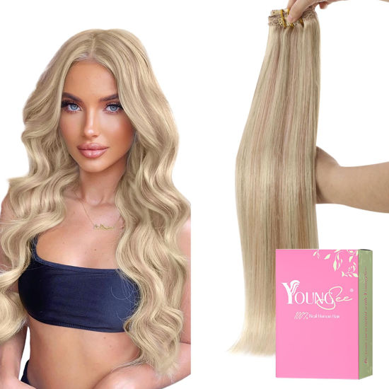 Picture of YoungSee Clip in Extensions Real Human Hair Blonde Highlight Clip on Hair Extensions Warm Ash Blonde Highlights Bleach Blonde Clip in Hair Extensions Real Human Hair Long for Women 120G 7Pcs 24Inch