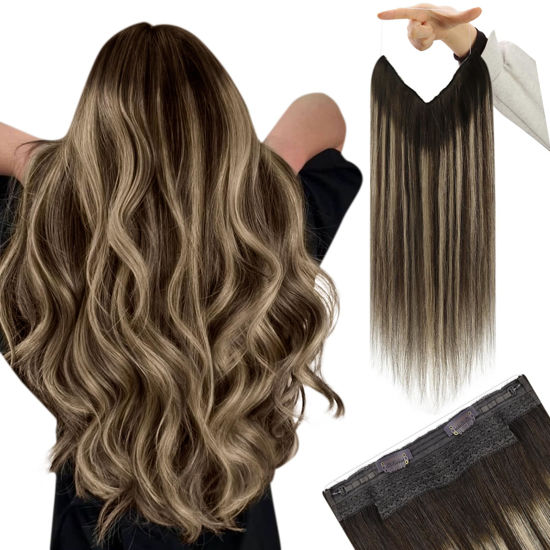 Picture of YoungSee Wire Hair Extensions Brown Balayage Invisible Wire Hair Extensions Human Hair Ombre Dark Brown with Ash Blonde Fish Line Human Hair Extensions for Women 20Inch 100G