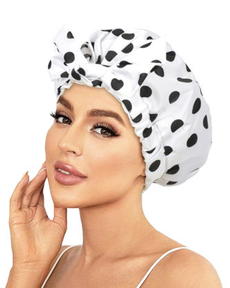 Picture of Luvruitaky Shower Cap Luxury Shower Caps for Women Reusable Waterproof Hair Cap for Shower with Adjustable Bowknot Hair Bath Cap (White)