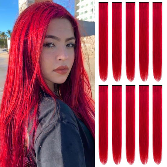 Picture of TOFAFA 22 inch Colored Hair Extensions Straight Hairpiece, Colorful Hair Extensions Party Highlights Clip in Long Synthetic Hair Extensions for Girls Women Kids Favor Gift(10 PCS Red)