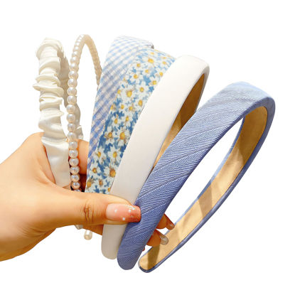 Picture of DOXISHRUKY Fashion Headbands Set, 6pcs Pearl Floral Padded Wide Vintage Headbands for Women and Girls (Blue)