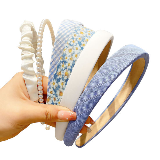 Picture of DOXISHRUKY Fashion Headbands Set, 6pcs Pearl Floral Padded Wide Vintage Headbands for Women and Girls (Blue)