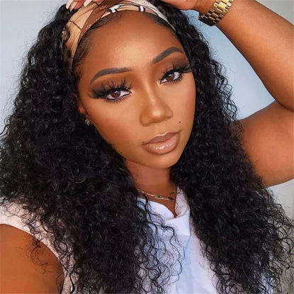 Picture of Headband Wig Deep Wave Human Hair Wig 18 inch None Lace Front Wigs for Black Women Deep Curly Wave Machine Made Wigs Natural Color
