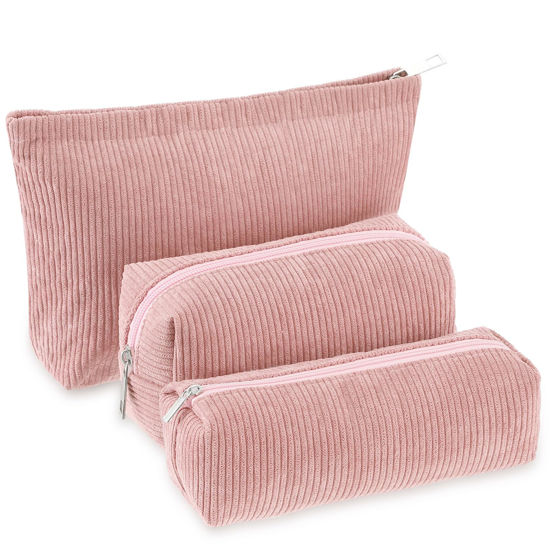 Picture of Huhumy 3 Pcs Makeup Bag Set Corduroy Cosmetic Bag for Women Aesthetic Smile Travel Toiletry Bag Cute Purse Pouch Pencil Case Makeup Brushes Storage Bag Organizer with Zipper(Pink,Solid Style)