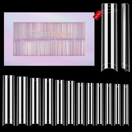 Picture of Quaferen 504Pcs Clear No C Curve Nail Tips for Acrylic Nails Professional, 3XL Extra Long Tapered Square Straight Acrylic Nail Tips, Half Cover No Crease Nail Extension Tips False Nails for Nail Art