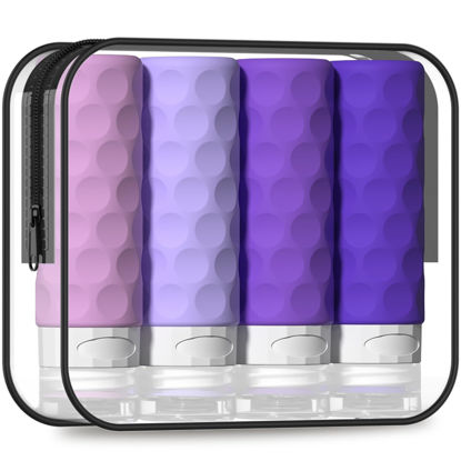 Picture of Silevoler Travel Bottles for Toiletries, 4pcs Tsa Approved 3oz Travel Size Containers, BPA Free Leak Proof Premium Silicone Bottles, Refillable Liquid Squeezable Accessories W/Toiletry Bag(Purple)