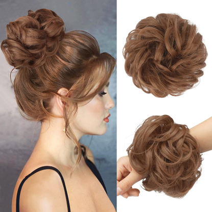 Picture of FESHFEN Messy Bun Hair Piece Wavy Curly Light Auburn Large Hair Bun Scrunchies Extensions Synthetic Tousled Updo Hairpieces for Women Girls