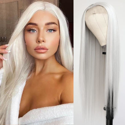 Picture of QD-Tizer Platinum White Hair Wig Long Straight Hair Wigs Natural Hairline Heat Resistant Synthetic No Lace Wigs for Fashion Women 24 Inch