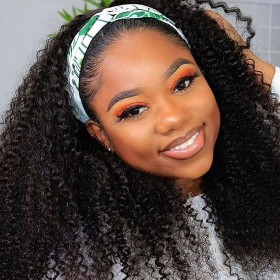 Picture of Kinky Curly Headband Wig Human Hair None Lace Front Wigs Glueless Human Hair Wigs 16 Inch Virgin Brazilian Kinky Curly Machine Made Wigs Human Hair Wigs for Black Women