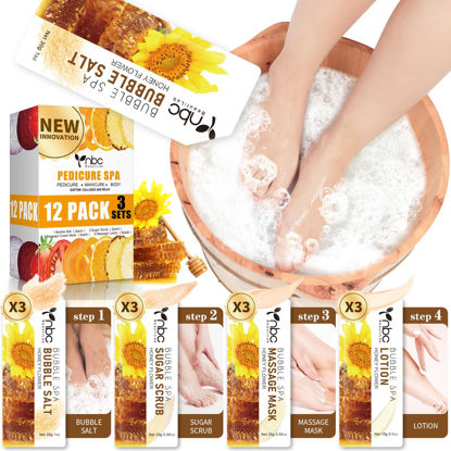 Picture of nbc BeautiLab Pedicure Kit Foot Soak Set: Bubble Salt, Sugar Scrub, Massage Mask, Massage Lotion in a Box, 4 Step Foot Spa Kit for Dry Feet, Tired Feet（3 Set Honey flower)