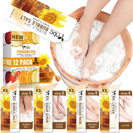 Picture of nbc BeautiLab Pedicure Kit Foot Soak Set: Bubble Salt, Sugar Scrub, Massage Mask, Massage Lotion in a Box, 4 Step Foot Spa Kit for Dry Feet, Tired Feet（3 Set Honey flower)