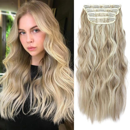 Picture of 4Pcs Clip in Hair Extensions, 20 Inches Curly Blonde Hair Extensions Clip ins, Synthetic Hair Extensions Clip in Human Hair (Color:Dark Blonde Mixed Bleach Blonde)