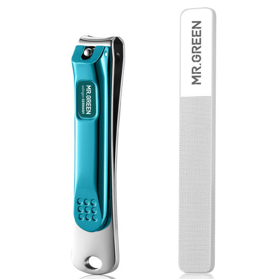 Picture of MR.GREEN Nail Clippers Curved Blades Fingernail Cutter Nippers Manicure Scissors Stainless Steel Pedicure Tools with Nail Flies (Medium-Blue+Glass File)