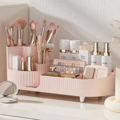 Picture of Rotating makeup organizer,Large Capacity Cosmetic Display Case, easy to hold all of your makeup products, at least 20 makeup brushes/eyeliner,10 lipsticks,8 skincare products(Pink)