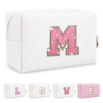 Picture of Small Initial Patch Makeup Bag Personalized Gifts Make Up Bag,White Cute PU Leather Glitter Letter Cosmetic Bag with Zipper,Trendy Portable Travel Toiletry Pouch,Preppy Stuff for Teen Girls Women M