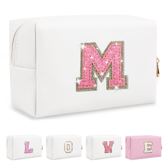 Picture of Small Initial Patch Makeup Bag Personalized Gifts Make Up Bag,White Cute PU Leather Glitter Letter Cosmetic Bag with Zipper,Trendy Portable Travel Toiletry Pouch,Preppy Stuff for Teen Girls Women M