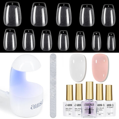Picture of AILLSA Soft Gel Nail Kit Short Coffin Nail Tips 240pcs with 2 In 1 Nail Glue Base Coat and Nail Dehydrator, False Nail Tips Kit with U V Light Top Coat for Beginners DIY Home Salon
