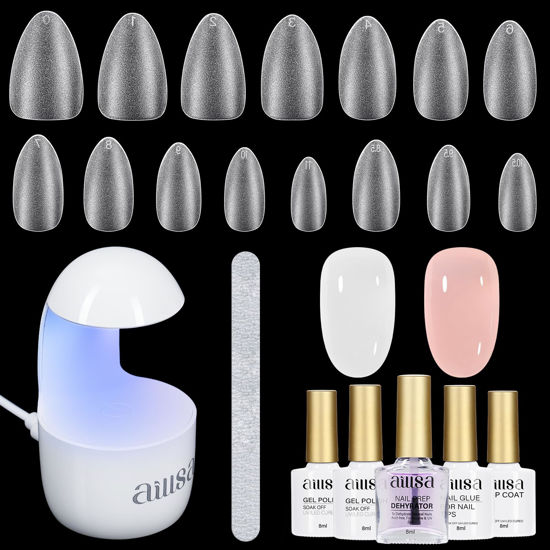 Picture of AILLSA Almond Nail Kit with U V Lamp 240pcs Short Gel Nail Tips and Glue Gel Kit with 2 in 1 Nail Glue Base Top Coat and Nail Dehydrator for Beginners DIY Home Salon