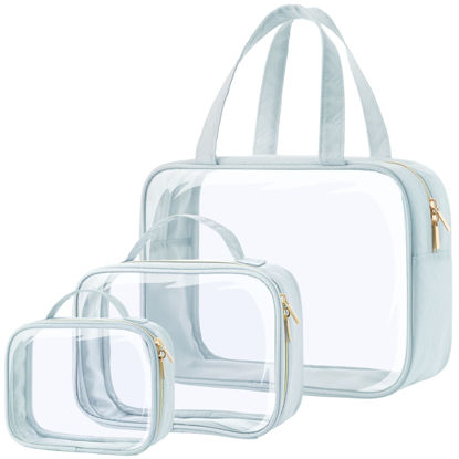Picture of PACKISM Clear Toiletry Bags, 3 Pack Clear Makeup Bags with Handle Large Opening, Waterproof Clear Cosmetic Bags Fit Carry-on Travel Essentials, Travel Accessories Clear Travel Bags, Grayish Blue