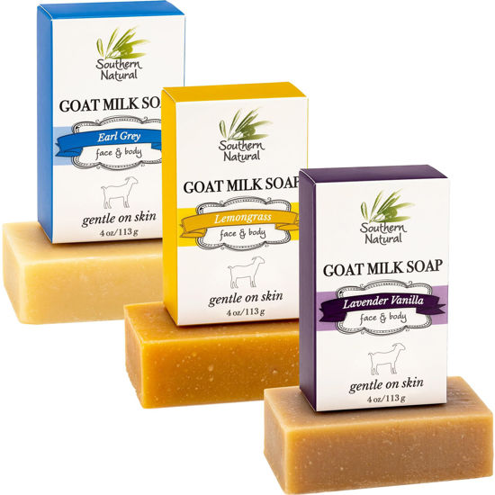Picture of Southern Natural Goat Milk Soap Bar (Variety 3 Pack) Lavender Vanilla, Lemongrass, Earl Grey - For Dry Sensitive Skin. Handmade Natural Soap For Face & Body.(Each Bar 4-4.5 oz)