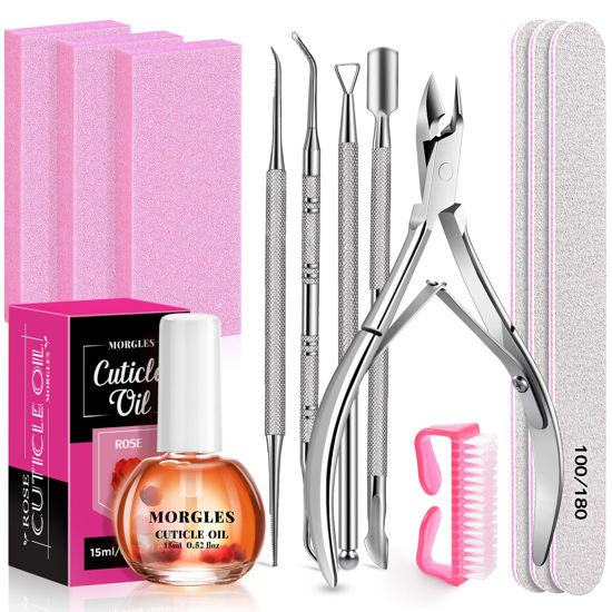 Picture of MORGLES Cuticle Remover kit, 100/180 Nail File and Nail Buffer Blocks, 1 Pcs Rose Cuticle Oil and Professional Pedicure Manicure Tools, Nipper Cutter for Fingernails and Toenails