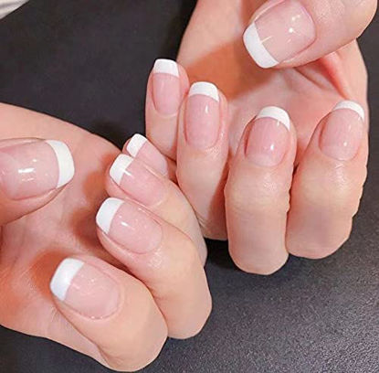 Picture of 48 Pcs French Press on Nails, Misssix Short Fake Nails Kit, Coffin Ballerina Press on Nails, Natural French Acrylic Full Cover False Nails for Women and Girls