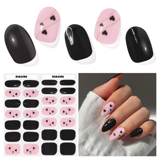 Picture of DUKASOU Valentine Semi Cured Gel Nail Strips, Black Heart | 28 pcs Gel Nail Strips Work with Any UV Lamp, Salon Quality Nail Stickers for Valentine’ Day, Include Prep Pads, Nail File&Wood Stick