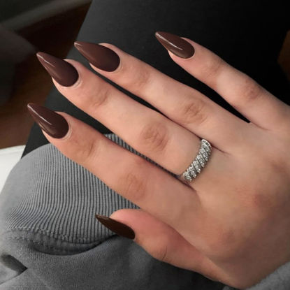 Picture of KQueenest Dark Brown Fall Press on Nails Medium Stiletto Almond, Pure Color Acrylic Nails Press ons, Reusable Acrylic Fake Nails Set Feature Protective UV Coating for Women Nail Art Manicure in 24PCS