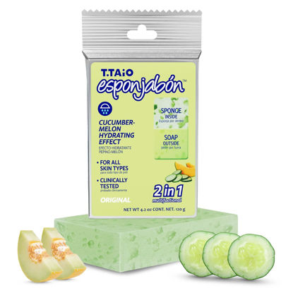 Picture of T.Taio Esponjabon Soap Sponge - Cleansing Shower Scrubber - Cleaning Bath Wash Scrub - Oil Removal - Massage & Lather Foot, Elbow, & Face - Bathroom Accessories - Cucumber & Melon Soap