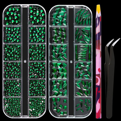 Picture of Multi Shapes Dark Green 3D Glass Crystal Nail Art Rhinestones Kit with Flatback Round Bead Charm Gem Stone Jewelry Diamond with Pickup Pen + Tweezer for Manicure Makeup DIY Craft Decoration