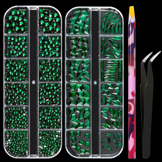 Picture of Multi Shapes Dark Green 3D Glass Crystal Nail Art Rhinestones Kit with Flatback Round Bead Charm Gem Stone Jewelry Diamond with Pickup Pen + Tweezer for Manicure Makeup DIY Craft Decoration