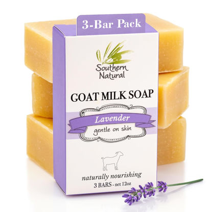 Picture of Southern Natural Goat Milk Soap Bar (Lavender 3 Pack) For Dry Sensitive Skin. Natural, Handmade Soap For Men, Women, Kids & Baby. Use On Face & Body