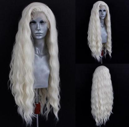 Picture of WXHWCX Long White Blonde Wavy Synthetic Lace Front Wig Middle Part Lace Wigs Synthetic Hair Wig for Women Cosplay Wigs