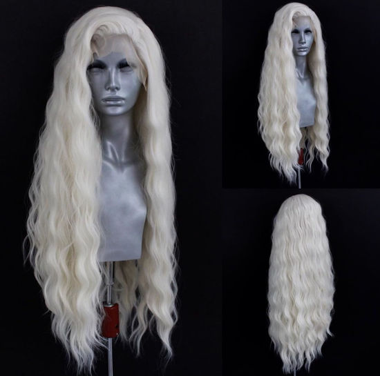 Picture of WXHWCX Long White Blonde Wavy Synthetic Lace Front Wig Middle Part Lace Wigs Synthetic Hair Wig for Women Cosplay Wigs