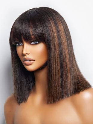 Picture of LUVME HAIR 12 Inch Yaki Straight Bob Wig with Bangs Human Hair Glueless HD Lace Bob Wig with Brown Highlights, Ready to Go Short Wigs For Women 180 Density Breathable Cap