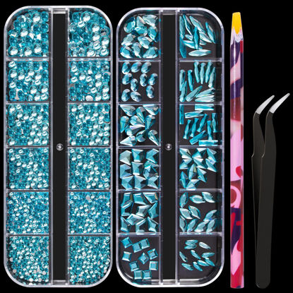 Picture of Multi Shapes Lake Blue 3D Glass Crystal Nail Art Rhinestones Kit with Flatback Round Bead Charm Gem Stone Jewelry Diamond with Pickup Pen + Tweezer for Manicure Makeup DIY Craft Decoration