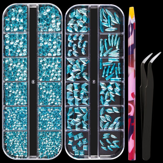Picture of Multi Shapes Lake Blue 3D Glass Crystal Nail Art Rhinestones Kit with Flatback Round Bead Charm Gem Stone Jewelry Diamond with Pickup Pen + Tweezer for Manicure Makeup DIY Craft Decoration