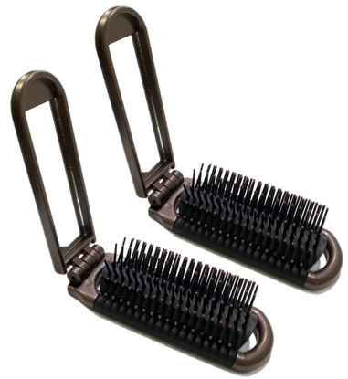 Picture of 2 Brown Color ALAZCO Folding Hair Brush With Mirror Compact Pocket Size Travel Car Gym Bag Purse Locker Swimming Camping Sleepover Gift and more