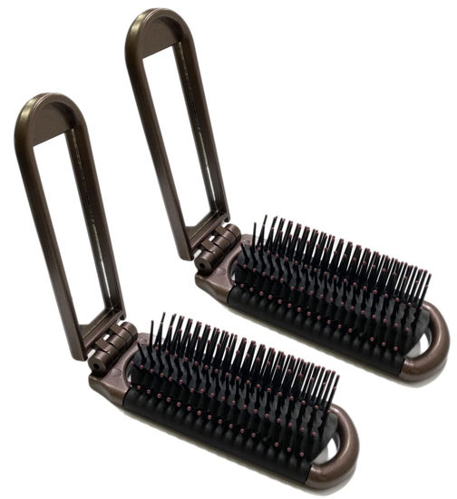 Picture of 2 Brown Color ALAZCO Folding Hair Brush With Mirror Compact Pocket Size Travel Car Gym Bag Purse Locker Swimming Camping Sleepover Gift and more