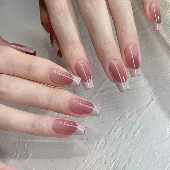 Picture of French Tips Press on Nails Medium Coffin Fake Nails Pink Ombre Acrylic Nails Glossy Nude False Nails Press ons Glue on Nails Full Cover Stick on Nails for Women Nails Deco 24Pcs