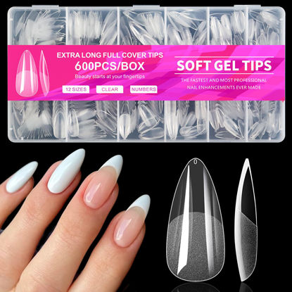 Picture of AddFavor 600pcs Almond Nail Tips, Medium Almond Gel X Nail Tips Clear Fake Nails Full Cover Acrylic Nail Tips for Extension Nail Manicure Salon Home DIY