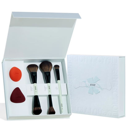 Picture of Jessup Face Makeup Brushes with Makeup Sponge, 3pcs Double Ended Makeup Brush for Foundation Contour Blush Highlight and Concealer Brush, Premium Synthetic Brush Set with Gift Box, T510
