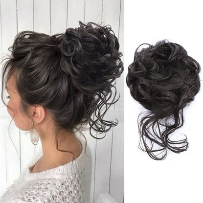 Picture of KETHBE Messy Bun Hair Piece Tousled Updo Hair Buns Extension Elastic Hair Band Hair Pieces Curly Hair Bun Scrunchie For Women (Brownish Black)
