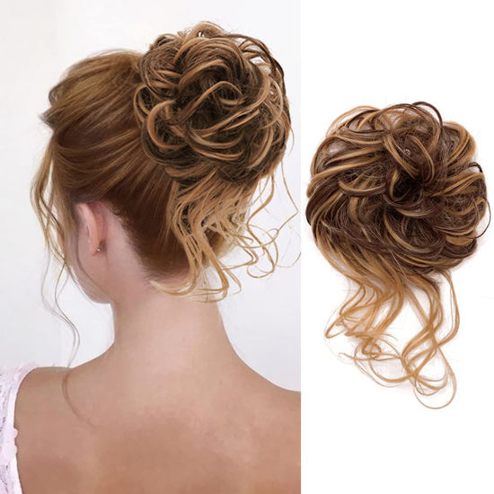 Picture of Messy Bun Hair Piece Tousled Updo Hair Buns Extension Elastic Hair Band Hair Pieces Curly Hair Bun Scrunchie For Women (Dark Brown Mix Golden Brown)