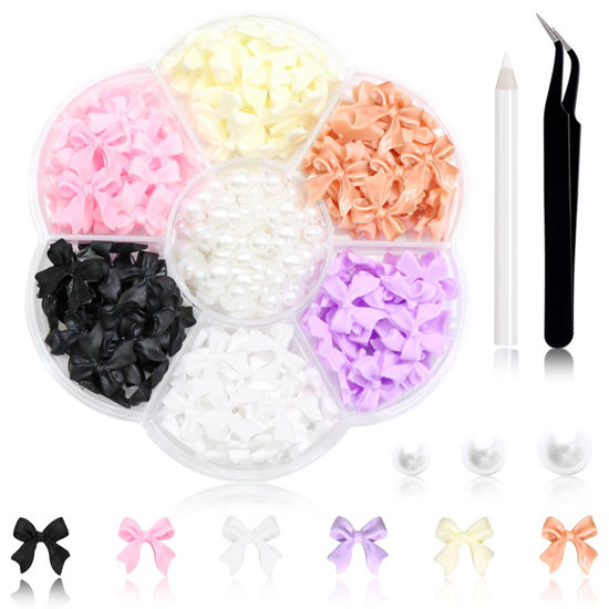Picture of 300Pcs Bow Nail Charms and Flatback Pearls,Color Bowknot 3D Cute Nail Charms for Acrylic Nail Supplies Design,White Flatback Half Pearls for Nail Jewelry DIY Crafts Nail Art Decoration Accessories