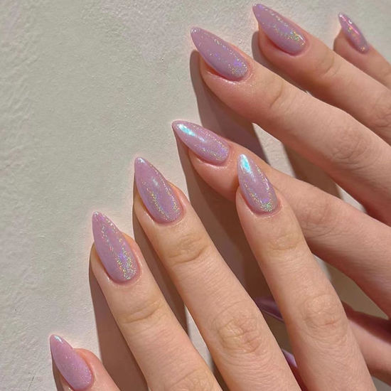 Picture of Glitter Pink Press on Nails Medium Stiletto Almond,KQueenest Pure Color Acrylic Nails Kit Reusable Fake Nails Feature Protective UV Coating for Women Nail Art Manicure in 24PCS