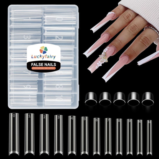 Picture of Luckyfairy 3XL No C Curve Square Flat Nail Tips, 120pcs Extra Long Straight Tapered Acrylic Gel x Fake Nails, Matte Half Cover Clear Gelly Press on for Extension Manicure Home DIY 12 Sizes Gelly Tips